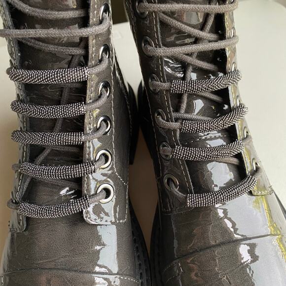 DKNY Malaya Patent Leather Combat Boots Metal Mesh Lace Covers Dark Gray W9.5 - Picture 13 of 14